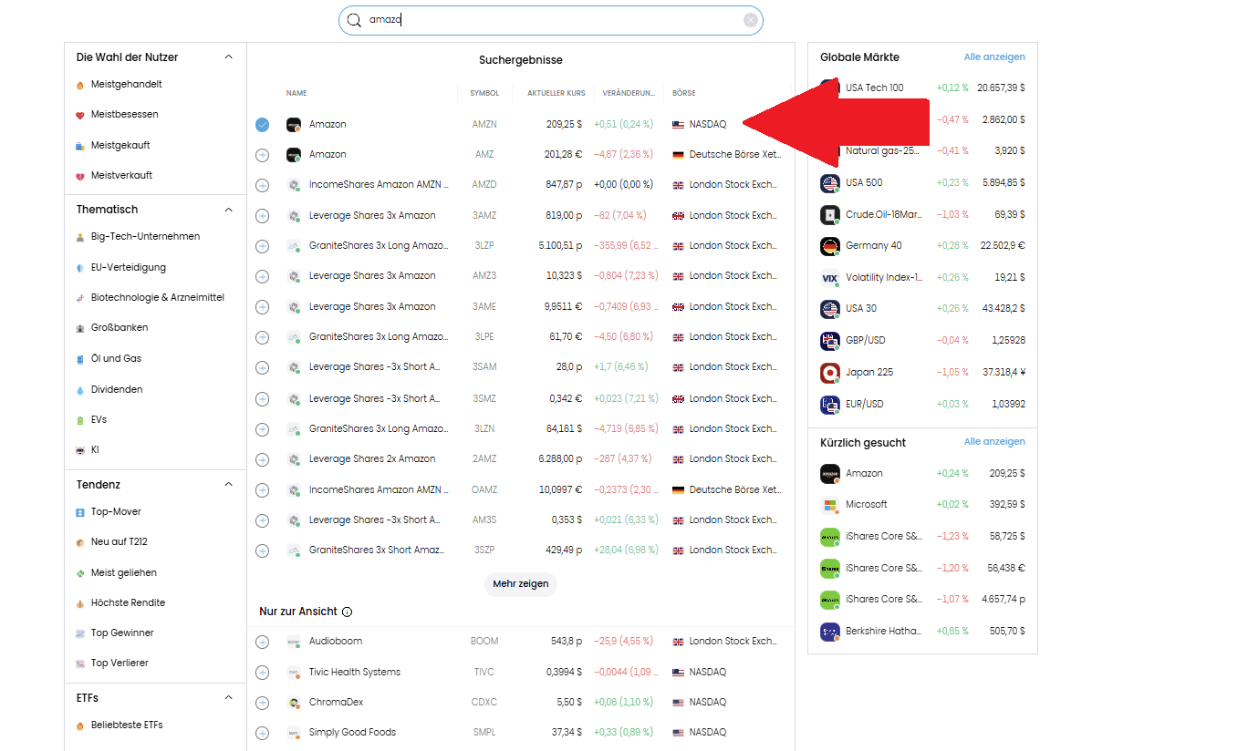 Suchergebnisse in der Plattform Trading 212
