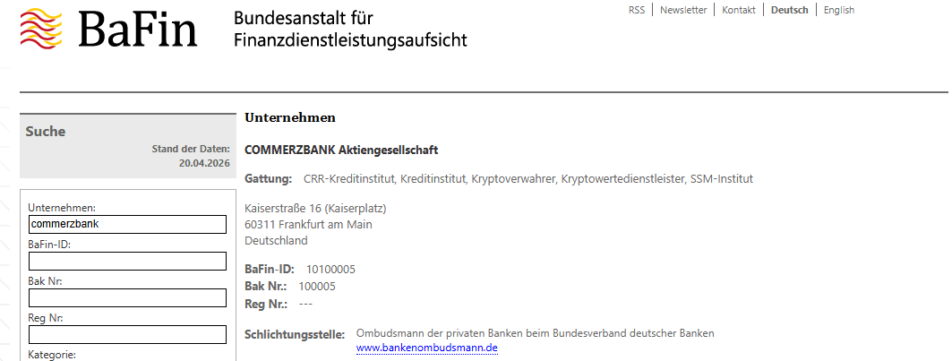 BaFin Eintrag von der Commerzbank Aktiengesellschaft