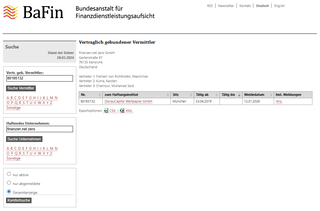 Finanzen.net Zero ist als vertraglich gebundener Vermittler der DonauCapital Wertpapier GmbH tätig