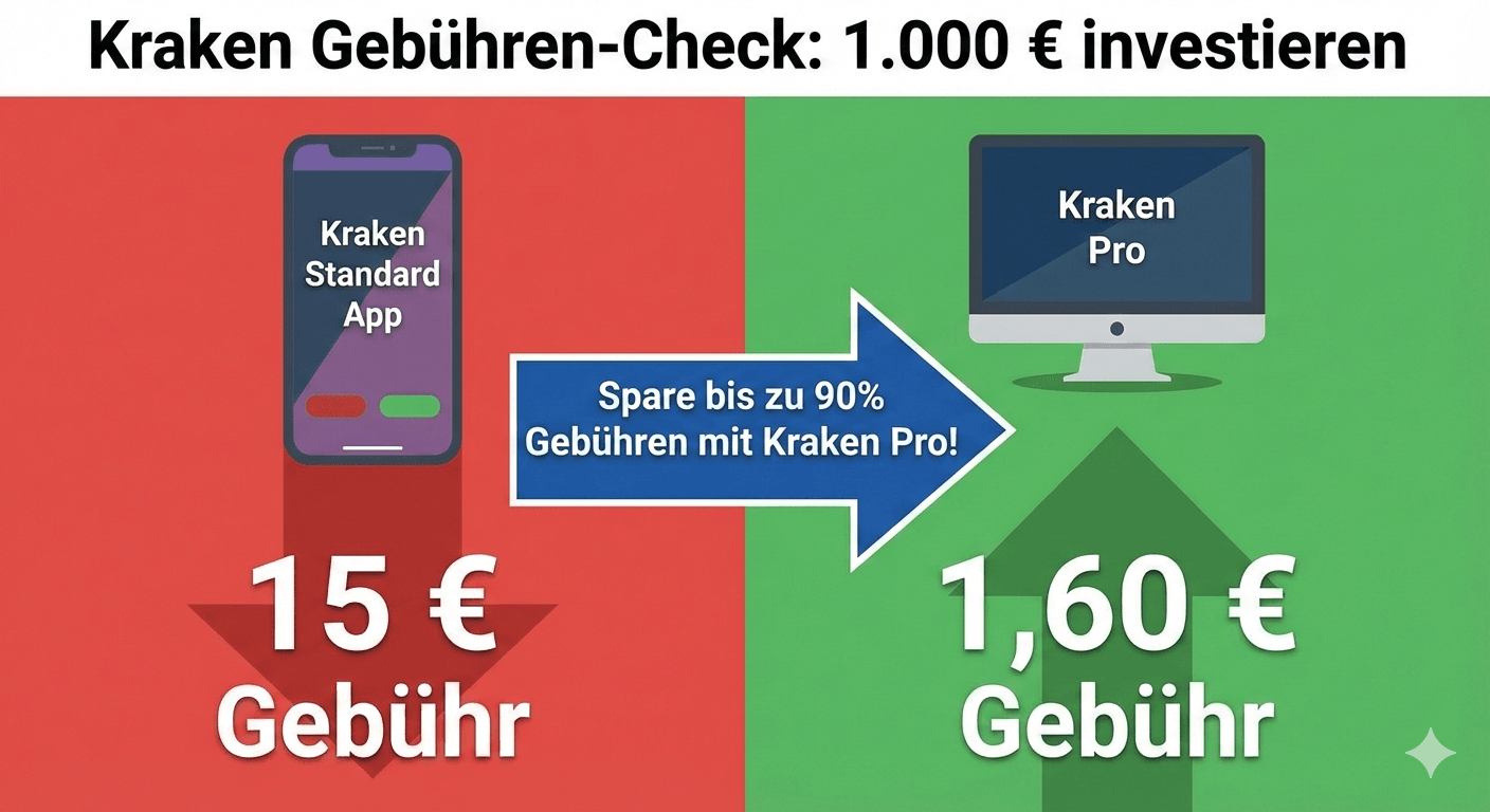 Infografik Kraken Gebühren-Check: Vergleich der Kosten bei 1.000 € Investment zwischen der Standard App (15 € Gebühr) und Kraken Pro (1,60 € Gebühr). Spare bis zu 90% Gebühren mit der Pro-Version.