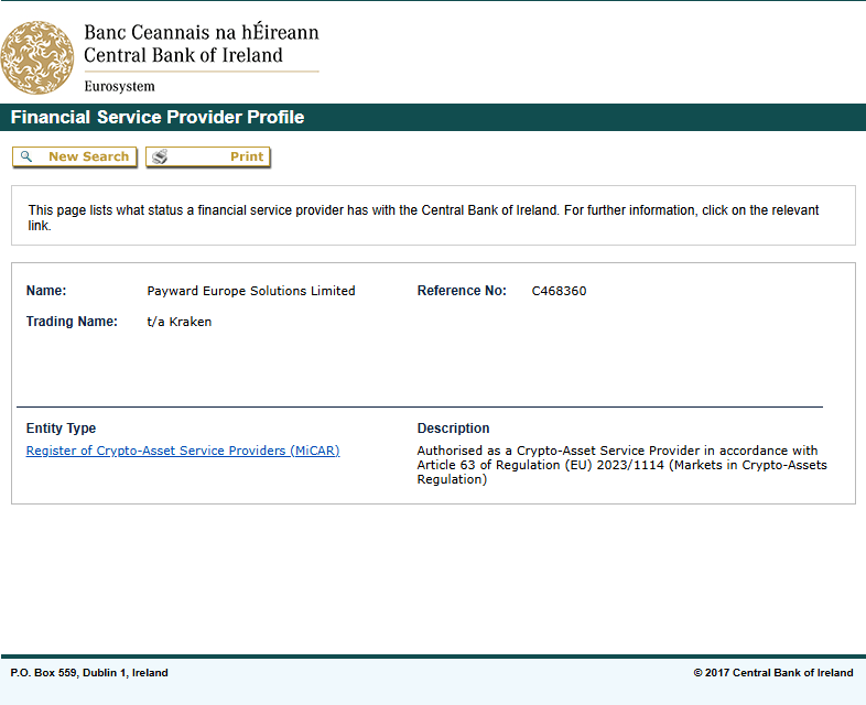 Krakren Regulierung Central Bank of Ireland