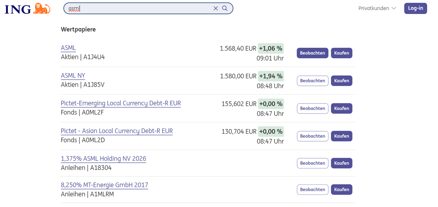 Wertpapiere bei ING-Watchlist suchen