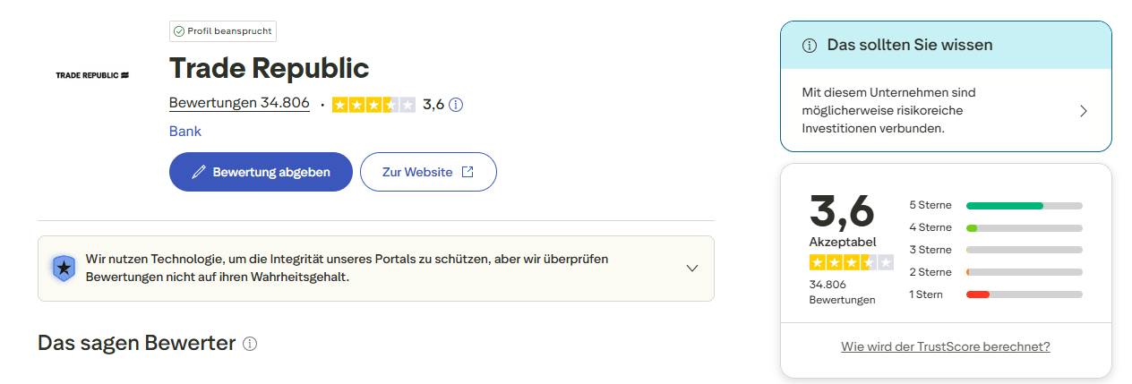 Trade Republic Bewertungen auf Trustpilot