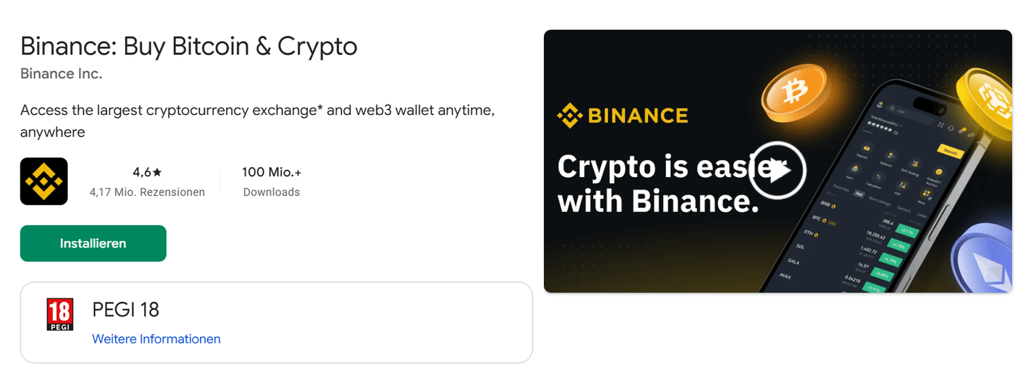 Binance Bewertungen auf der play store