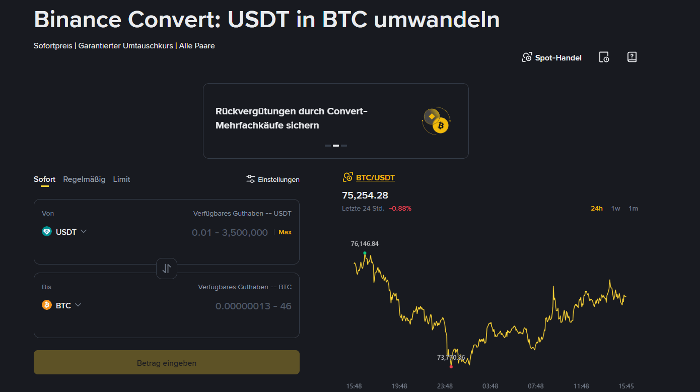 Binance Konvertierung und Blockhandel Oberfläche