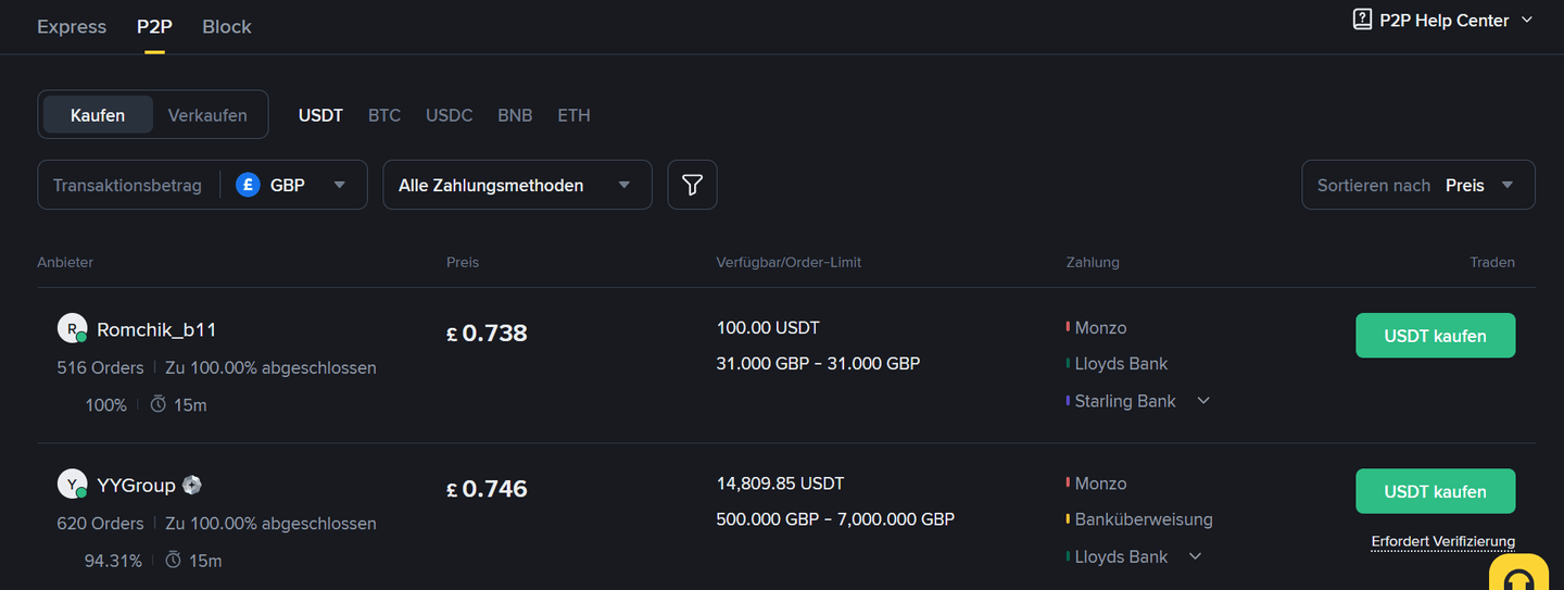 Binance P2P Oberfläche