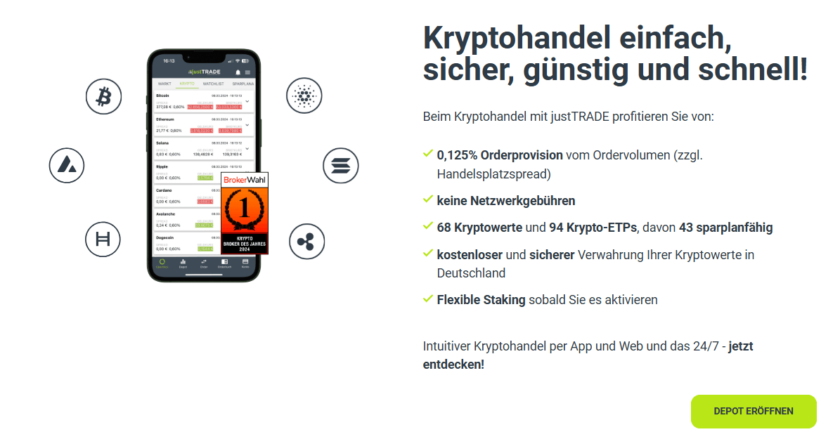 justTRADE Kryptohandel 2026 mit mehr als 65 echten Kryptowährungen und 90 Krypto-ETPs