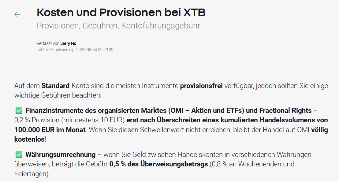 Beitrag mit XTB Ordergebühren: 0 % bis 100.000 Euro pro Monat