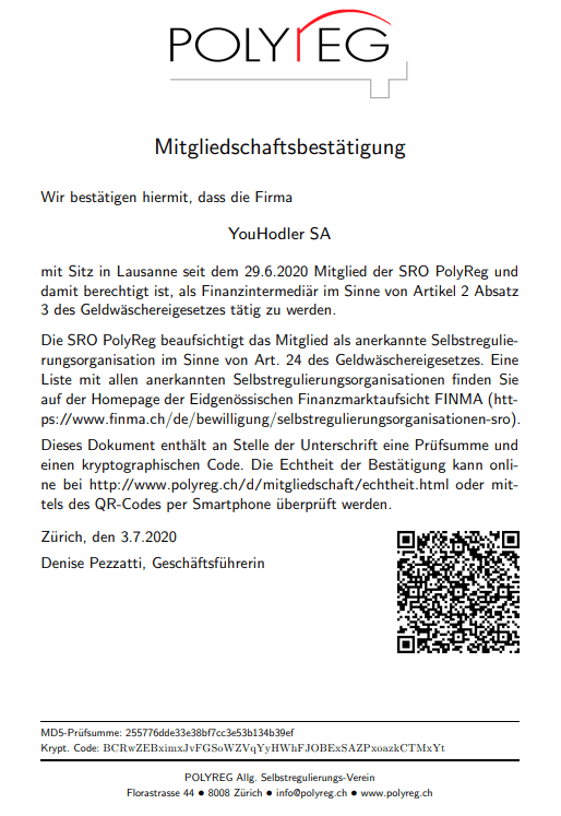Nachweis der Einordnung von YouHodler SA als Finanzintermediär in der Schweiz
