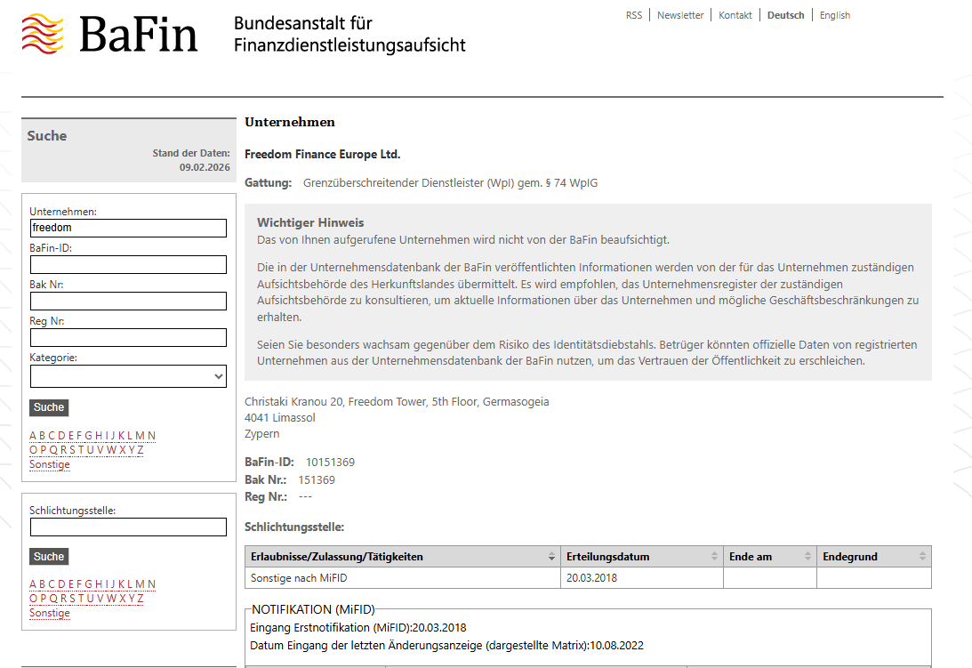 BaFin-Hinweis zu Freedom Finance Europe Ltd.: keine direkte Aufsicht durch die BaFin in Deutschland