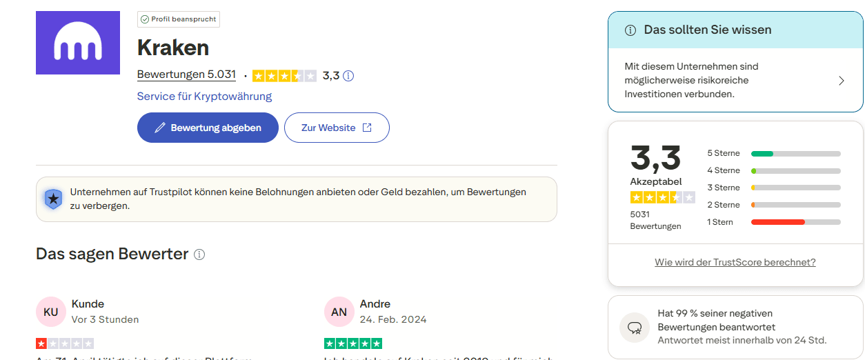 Kraken Bewertungen Trustpilot