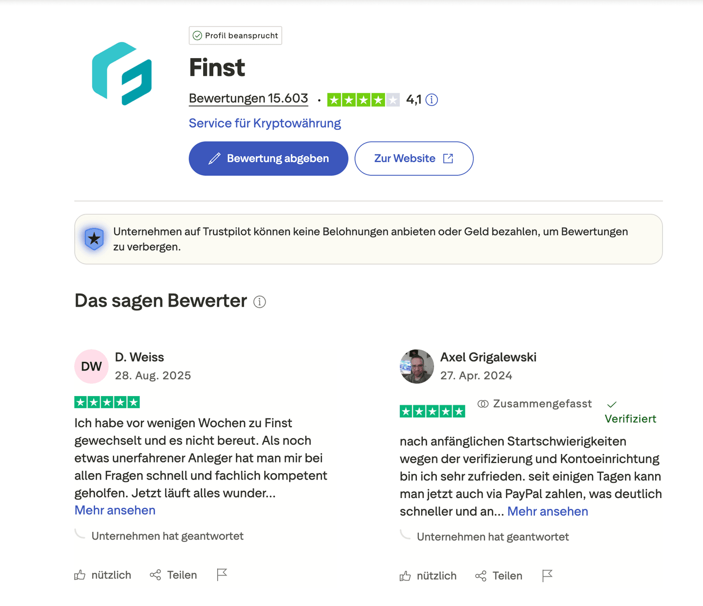 Finst Bewertungen in Trustpilot