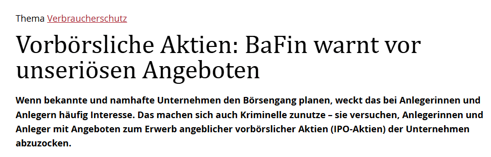 BaFin-Seite zu vorbörslichen Aktienangeboten und Warnungen