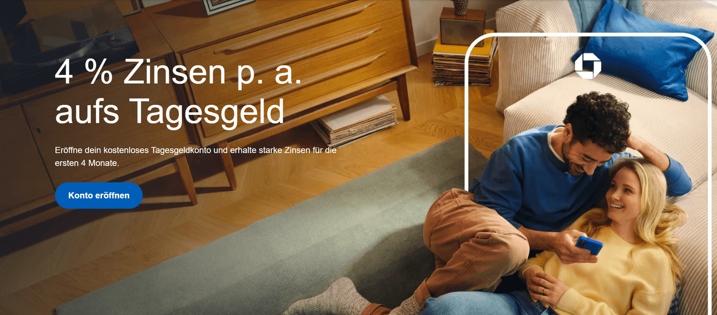Chase Tagesgeld Zinsverlauf Aktionszins 4 Prozent und Dauerzins 2 Prozent Grafik 2026
Vier Monate 4,00 % — danach gilt der aktuelle variable Zinssatz. Der Dauerzi
