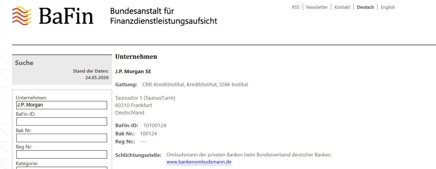 J.P. Morgan SE Frankfurt Hauptsitz BaFin Regulierung Chase Deutschland
