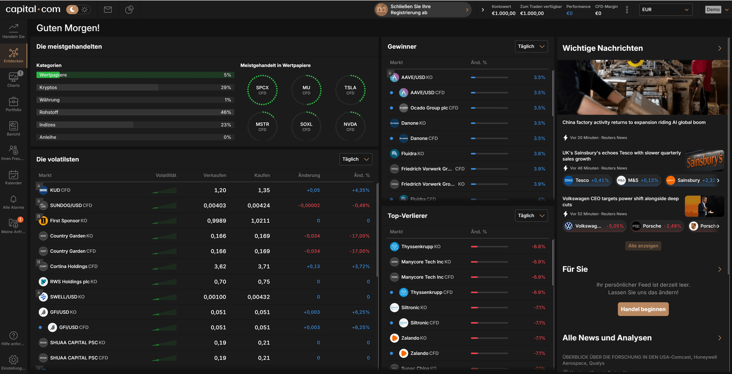 Lernbereich Investmate und Discover-Feed der Capital.com-App mit Kursen und Marktnachrichten