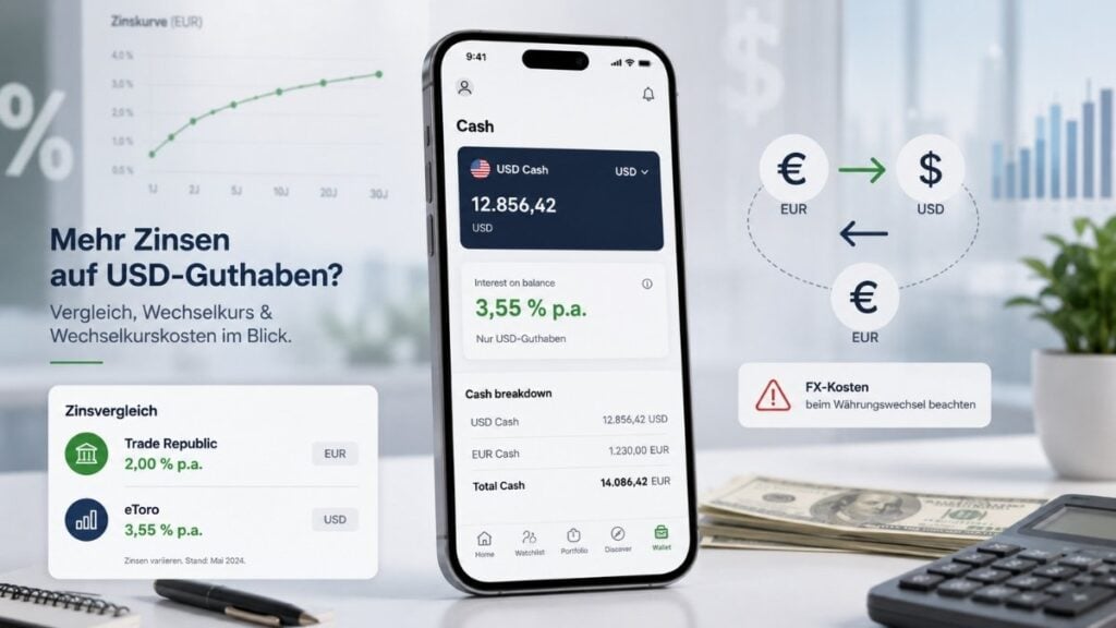 eToro Tagesgeld 2026 mit 3,55 Prozent Zinsen auf USD-Cash und FX-Kosten für EUR-Anleger