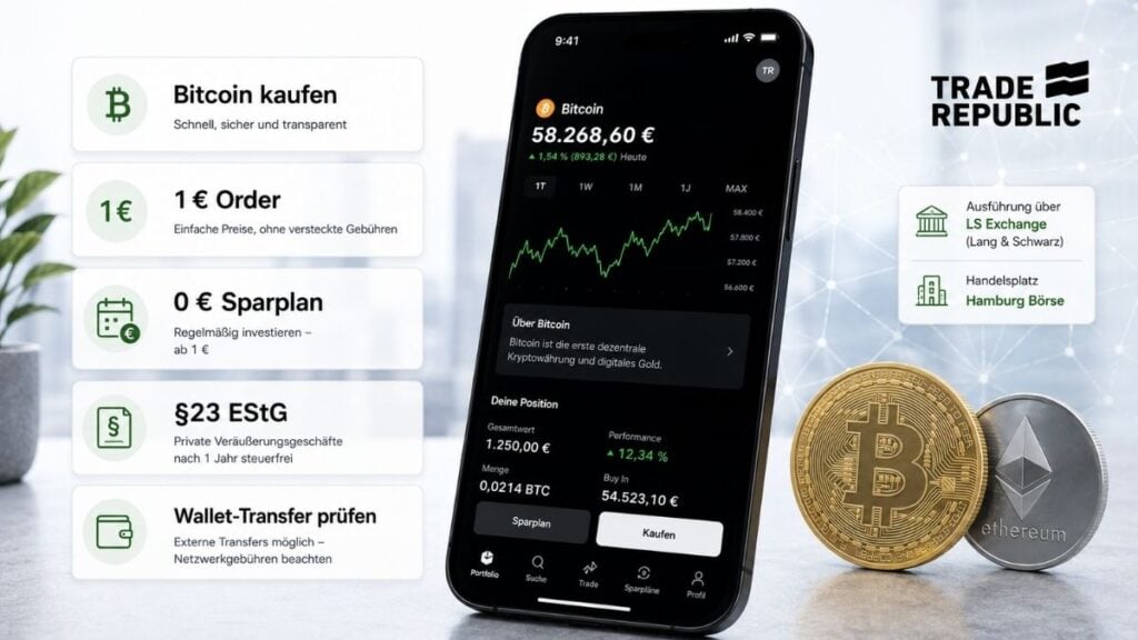 Trade Republic App mit Bitcoin-Kauf, Krypto-Sparplan, 1-Euro-Ordergebühr und Wallet-Transfer