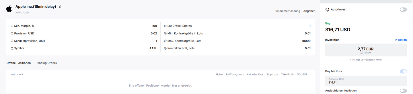 Order für eine Apple-Teilaktie im Admirals Invest.MT5-Konto mit Kommission