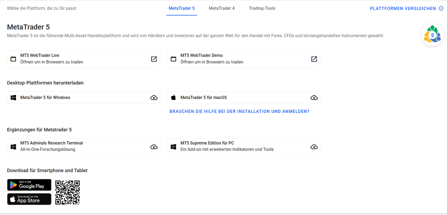 Plattformauswahl von Admirals im Dashboard:
