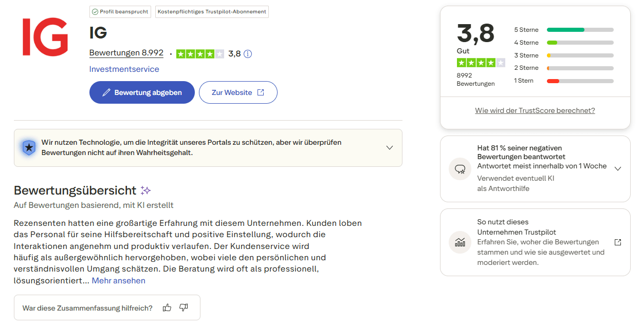 Trustpilot Bewertungen IG Markets