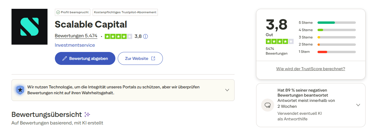 Scalable Capital Bewertungen bei Trustpilot