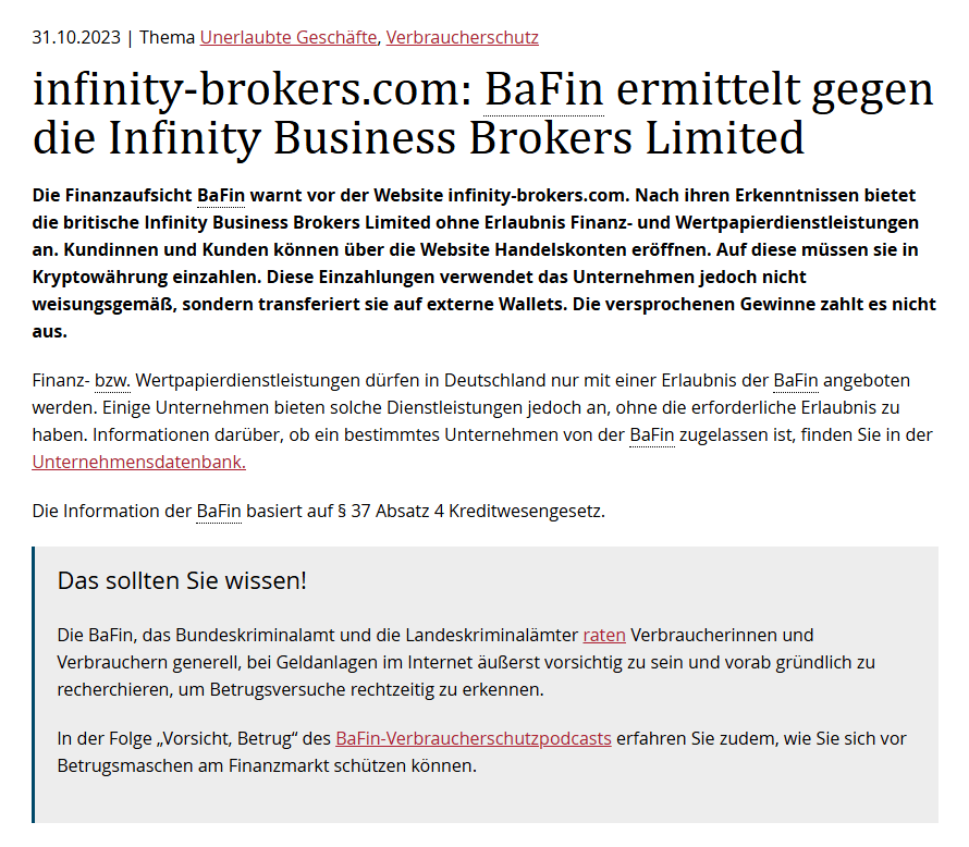 BaFin-Hinweis: Infinity Business Brokers Limited / infinity-brokers.com – Verbrauchermitteilung