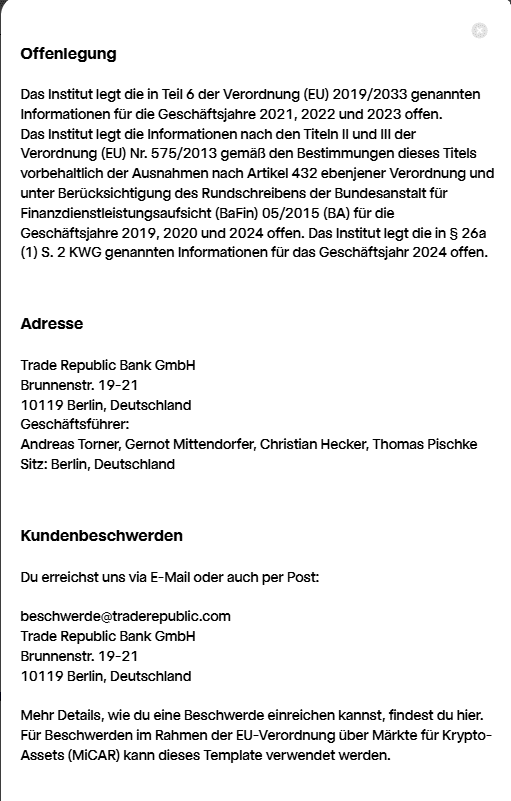 Trade-Republic-Impressum: Trade Republic Bank GmbH