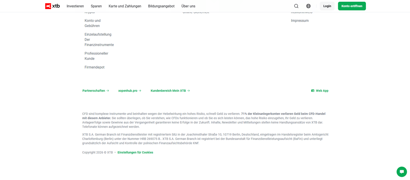 XTB-Webseite: Footer mit Hinweis auf Registrierung bei der BaFin und Aufsicht durch KNF