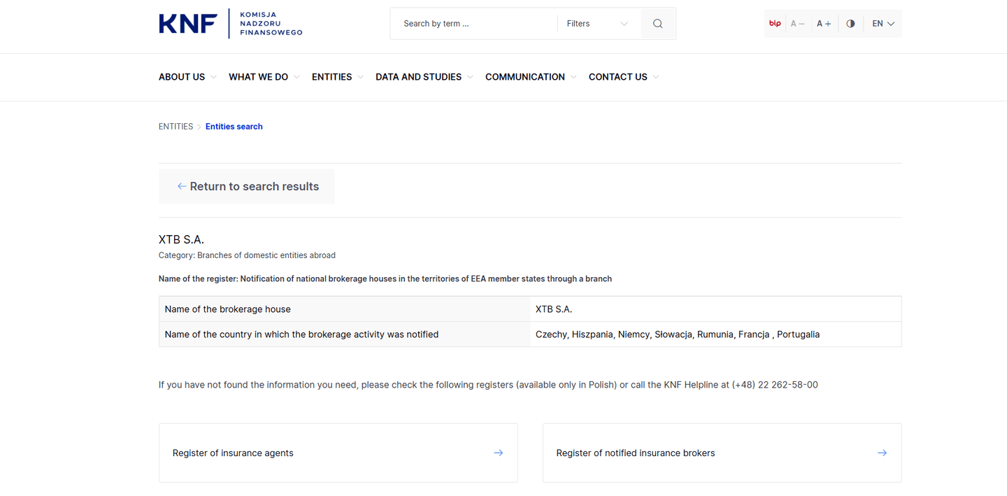 KNF-Register: XTB als beaufsichtigtes Institut