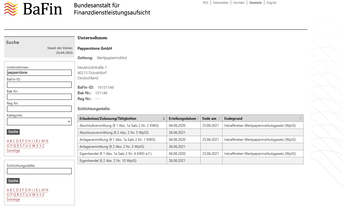 Pepperstone BaFin Regulierung mit Registernummer 151148 und Sitz in Düsseldorf