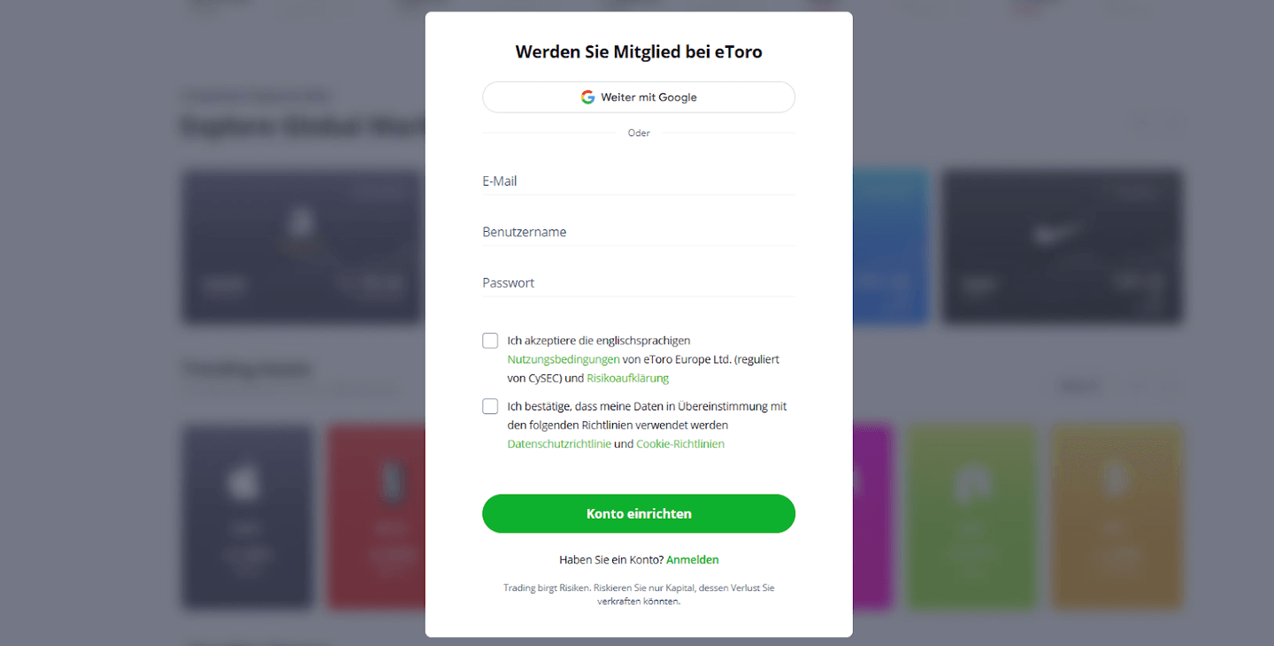 Zweiter Schritt um ein eToro Konto zu eröffnen