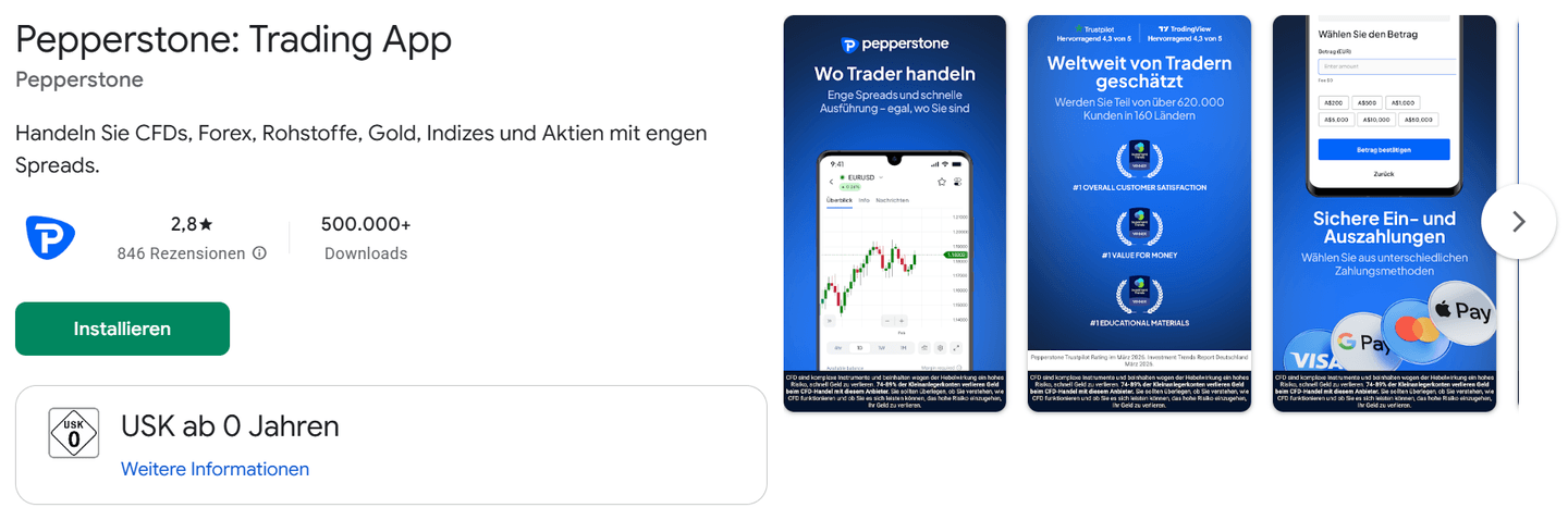 Play Store Bewertungen von Pepperstone
