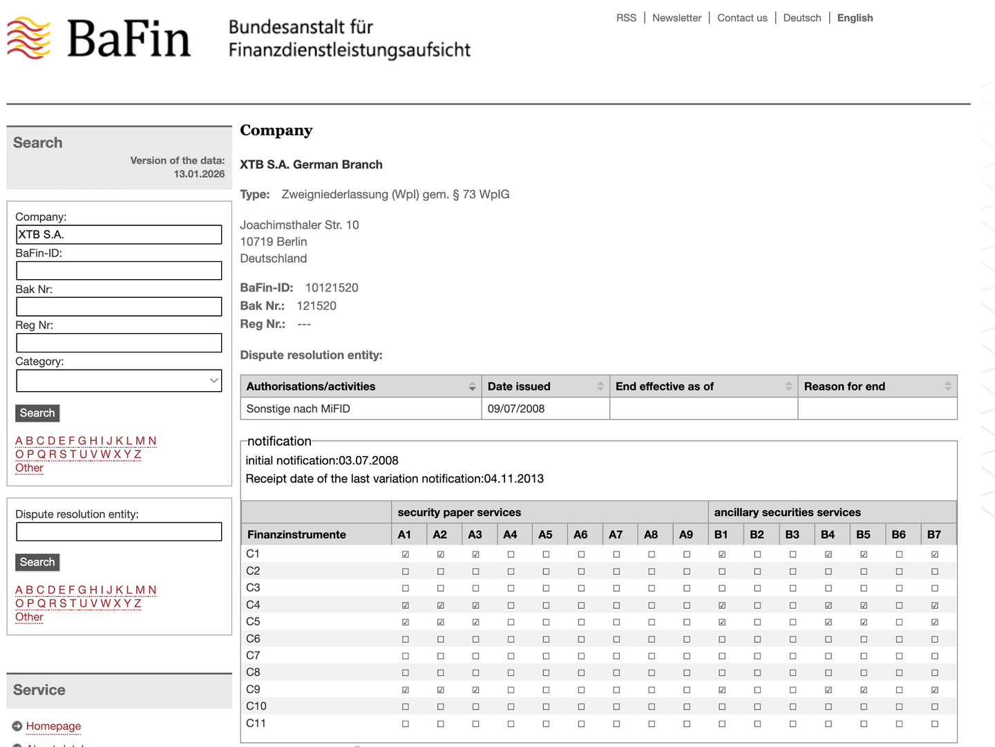 BaFin-Unternehmensdatenbank: Suche nach XTB
