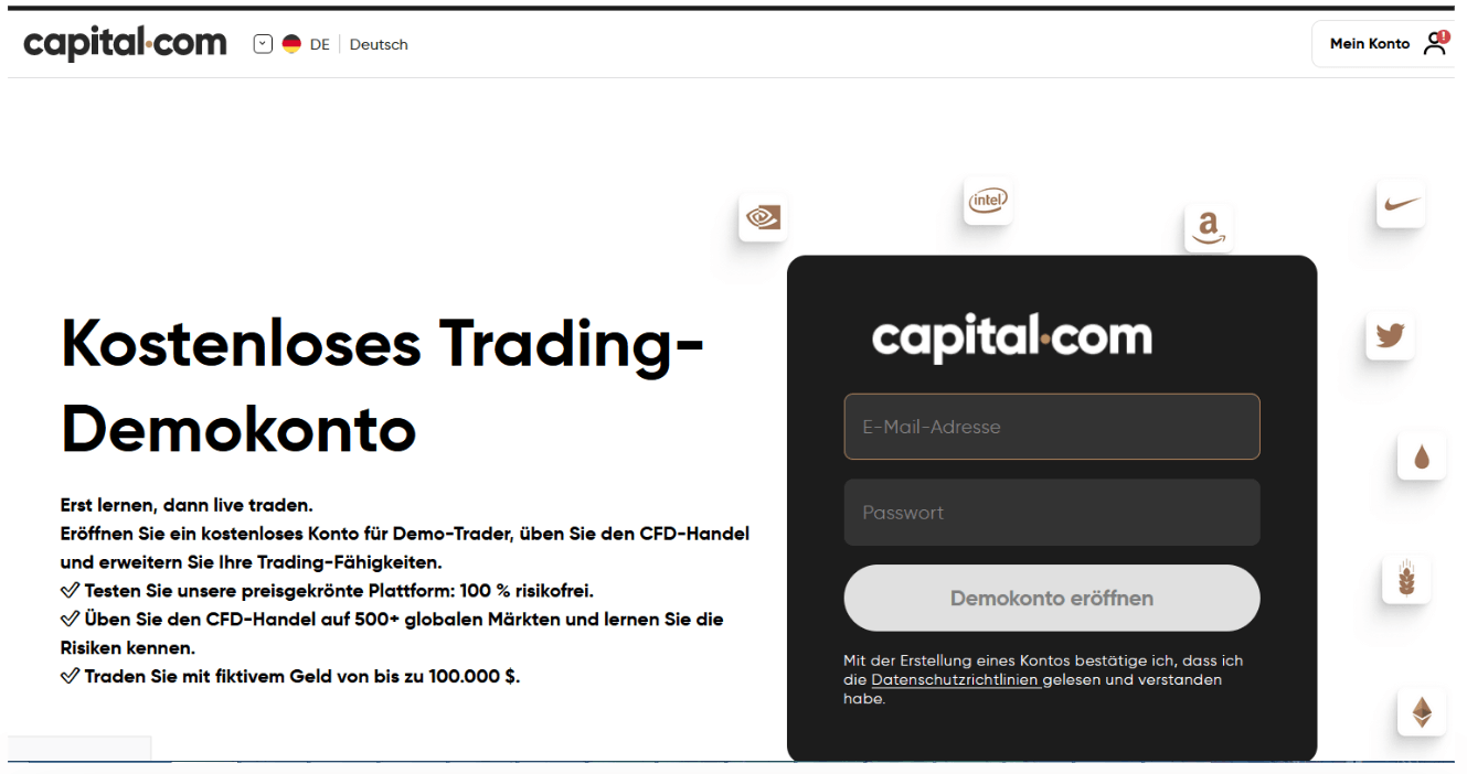 Demokonto auf der Website capital.com