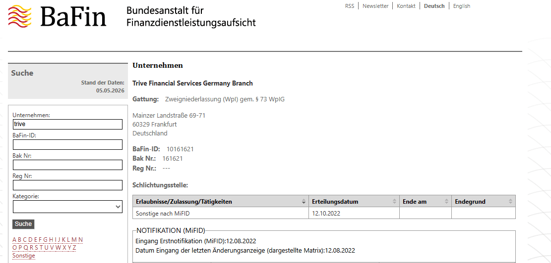 Trive MFSA Lizenz BaFin Registrierung und Anlegerentschädigung
