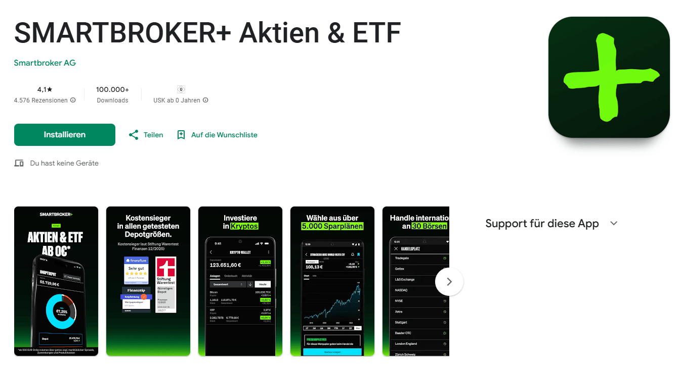 Smartbroker+ App im Google Play Store – 4,1 Sterne bei über 4.500 Nutzerbewertungen