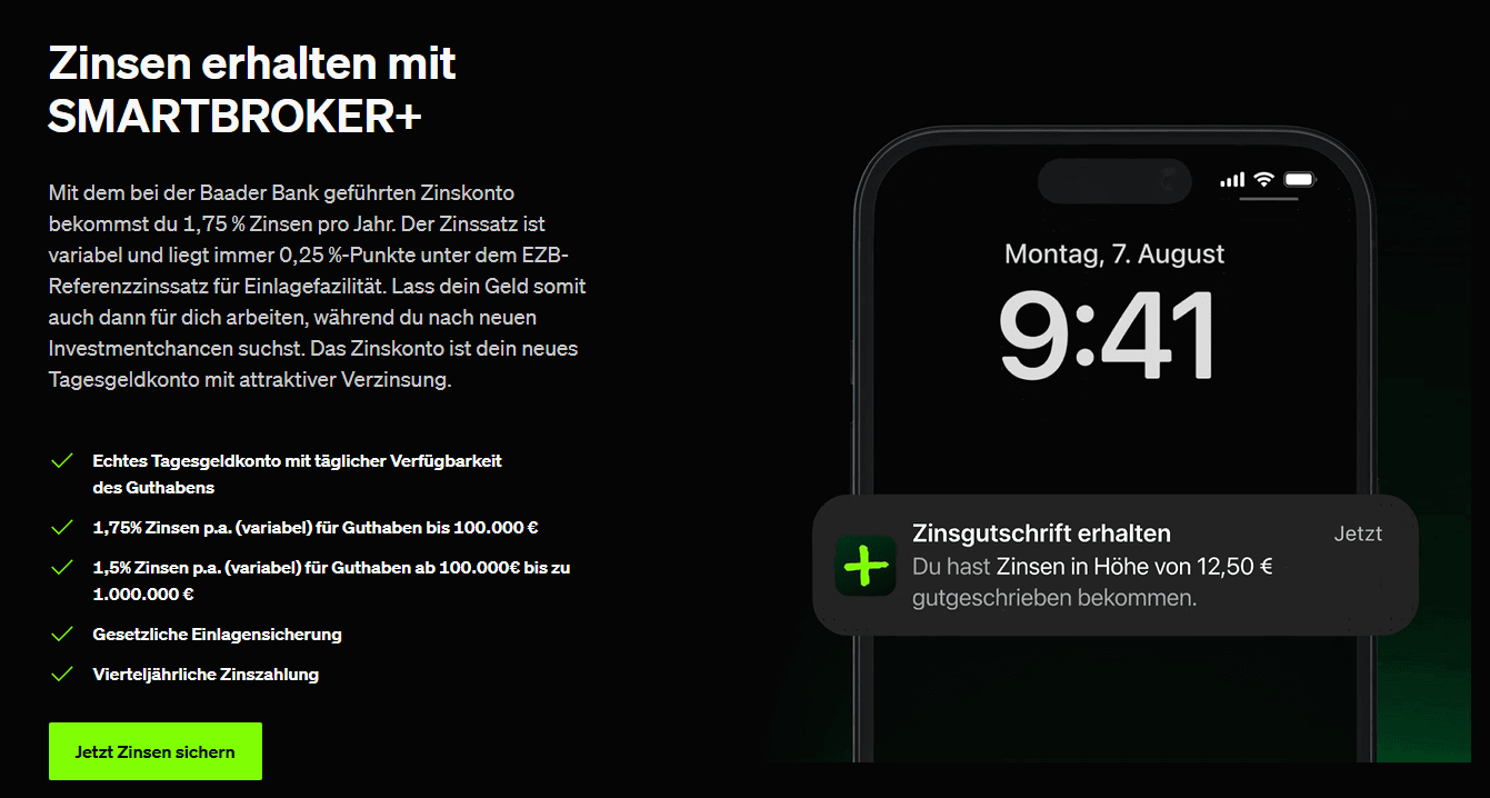Smartbroker+ Zinskonto – Tagesgeldzins auf nicht investiertes Kapital im Depot