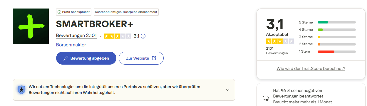 Smartbroker+ Trustpilot-Bewertung