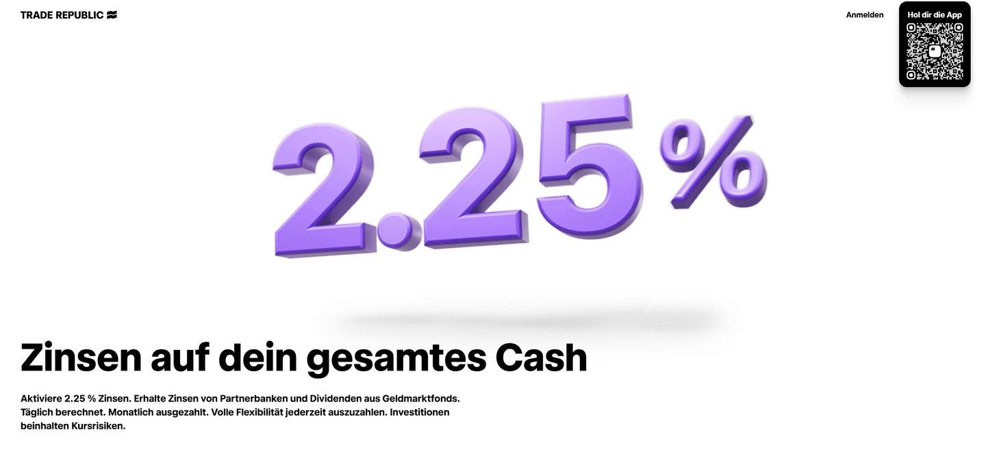 Trade Republic Zinsen 2026 — 2,25 % Tagesgeld auf Cash-Guthaben, Festzins-ETFs und Einzelanleihen im Vergleich