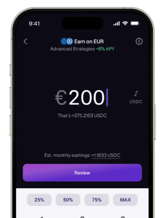 Kraken Earn: USDC auswählen, um DeFi Earn zu starten