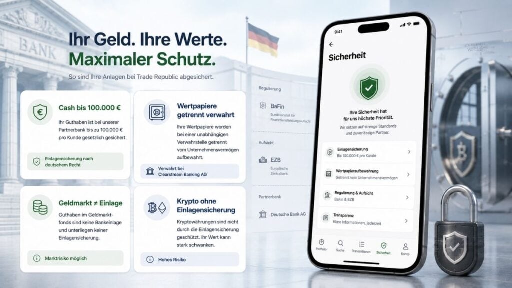 Trade Republic Sicherheit 2026 mit BaFin-Regulierung, Einlagensicherung, Wertpapierverwahrung und Krypto-Schutz
