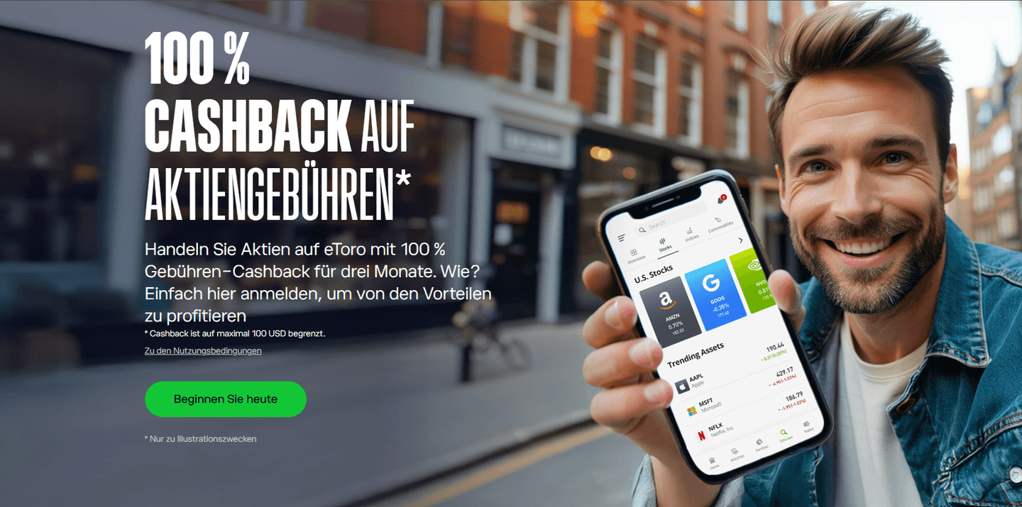 eToro Aktien-Cashback-Aktion 2026 — 100 Prozent der Ordergebühren zurück für Neukunden