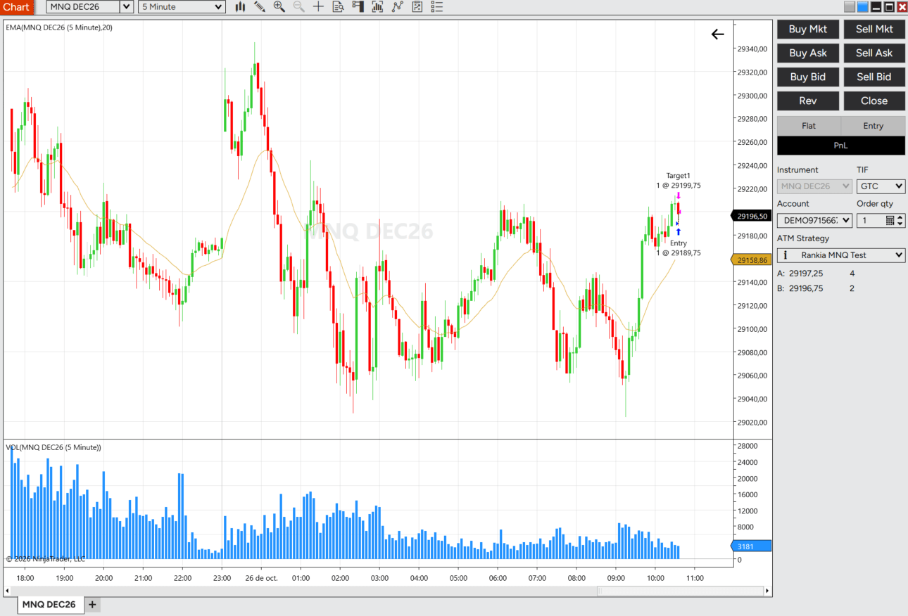 NinjaTrader MNQ-Demotrade mit markiertem Einstieg bei 29.189,75 und Gewinnziel bei 29.199,75 Punkten