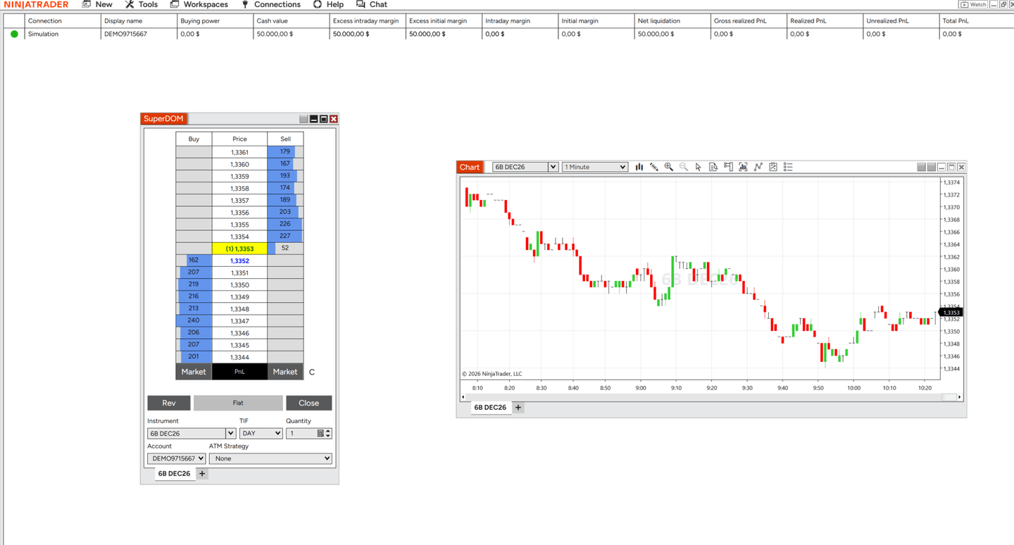 NinjaTrader Control Center mit simuliertem Handelskonto, SuperDOM und Chart des British-Pound-Futures 6B DEC26