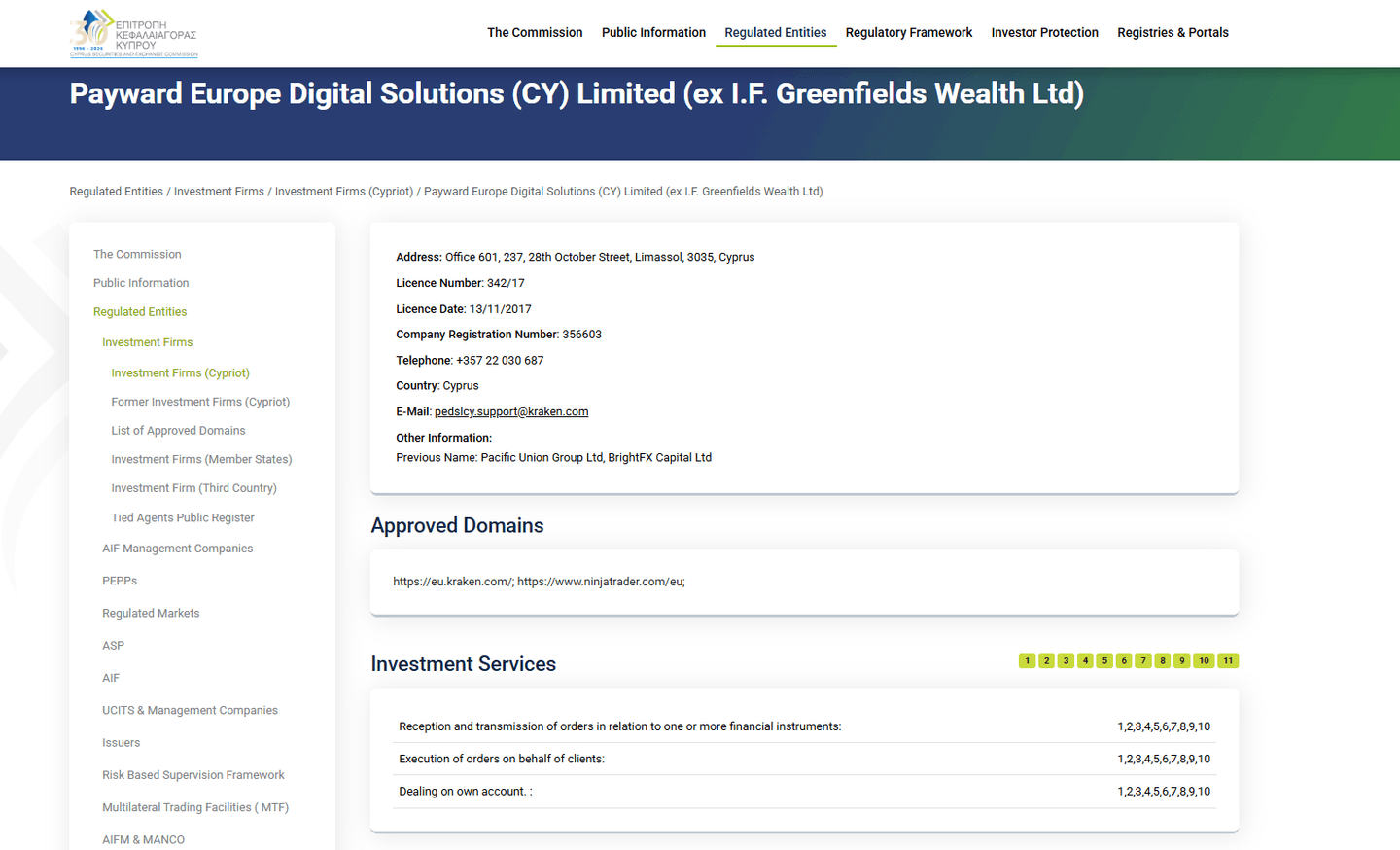 Offizieller CySEC-Eintrag von Payward Europe Digital Solutions mit Lizenz 342/17 und genehmigter NinjaTrader-EU-Domain